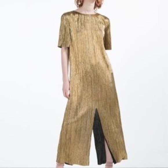 gold pleated dress zara